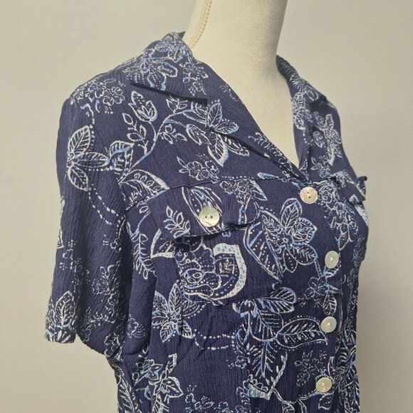 Drapers & Damons Crepe Shirt Blue Blouse Button Down Floral Womens Medium - Picture 2 of 7